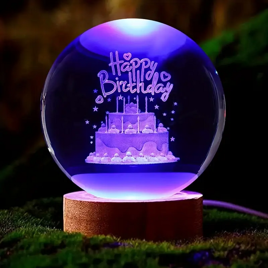 3D Birthday Cake Crystal Ball Night Light – Wooden Base & Multi-Color Glow - 3DGiftly