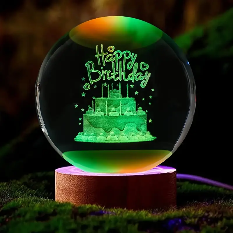 3D Birthday Cake Crystal Ball Night Light – Wooden Base & Multi-Color Glow - 3DGiftly