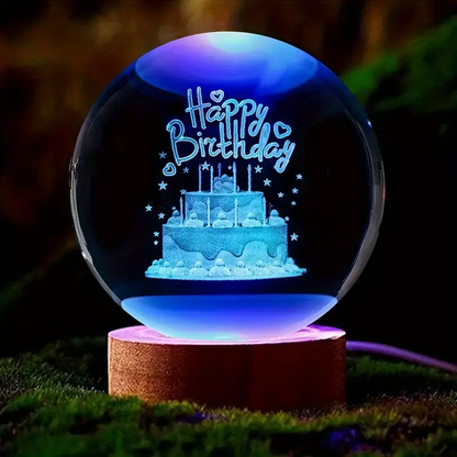 3D Birthday Cake Crystal Ball Night Light – Wooden Base & Multi-Color Glow - 3DGiftly