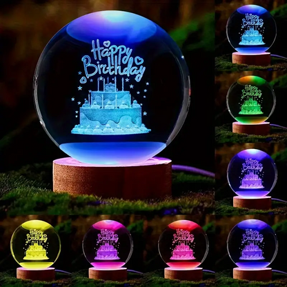 3D Birthday Cake Crystal Ball Night Light – Wooden Base & Multi-Color Glow - 3DGiftly