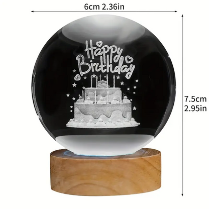 3D Birthday Cake Crystal Ball Night Light – Wooden Base & Multi-Color Glow - 3DGiftly