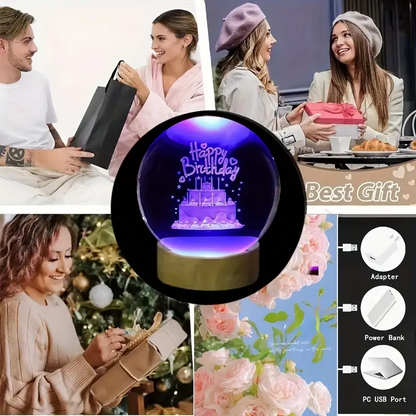 3D Birthday Cake Crystal Ball Night Light – Wooden Base & Multi-Color Glow - 3DGiftly